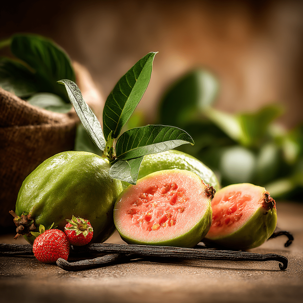 Goiaba - Guava &Amp; Vanilla 2 Guava Fruits And Leaves On Rustic Table Representing Goiaba Candle Fragrance