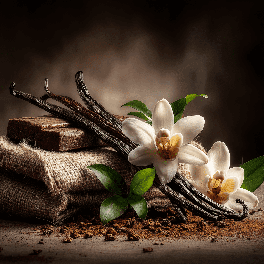 Floripa Patchouli And Sandalwood Soy Candle Product Image With Vanilla Pods And Amber Jar