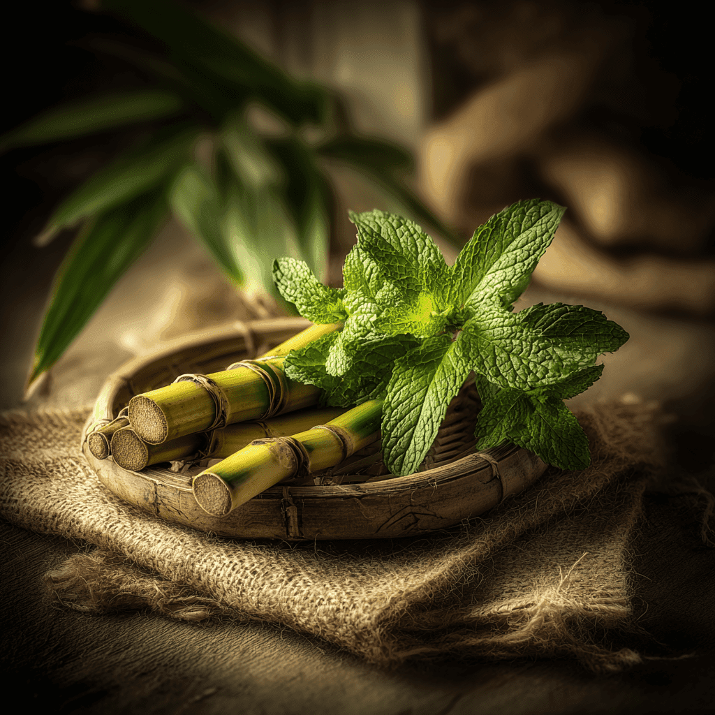 Watermint - Spearmint &Amp; Bamboo 2 Sprigs Of Spearmint And Bamboo Stalks Arranged On A Rustic Plate Representing The Watermint Candle Scent