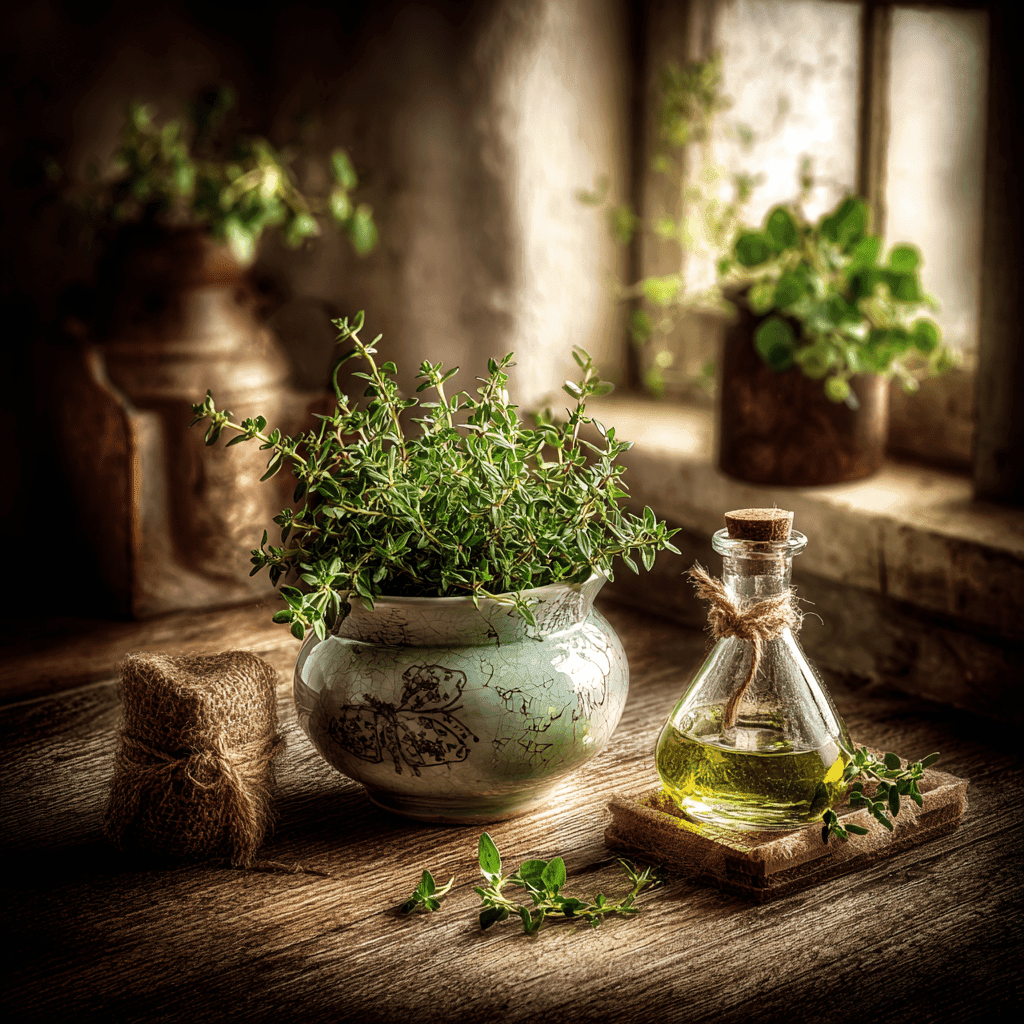 Time Candle With Thyme And Olive Leaf Scent In Amber Jar Among Herbs And Oil