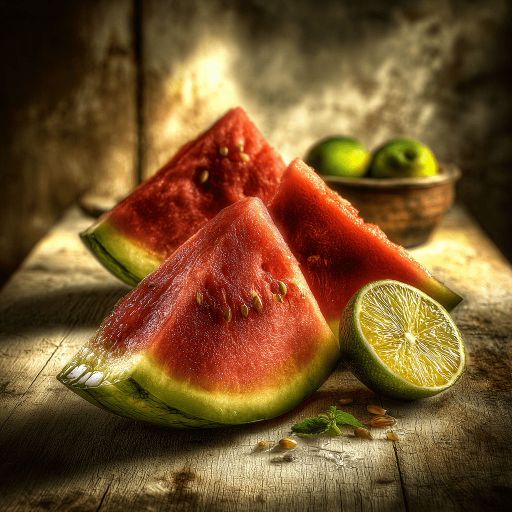 Watermelon And Lime Candle Theme With Slices Of Ripe Watermelon And Fresh Lime On A Rustic Table