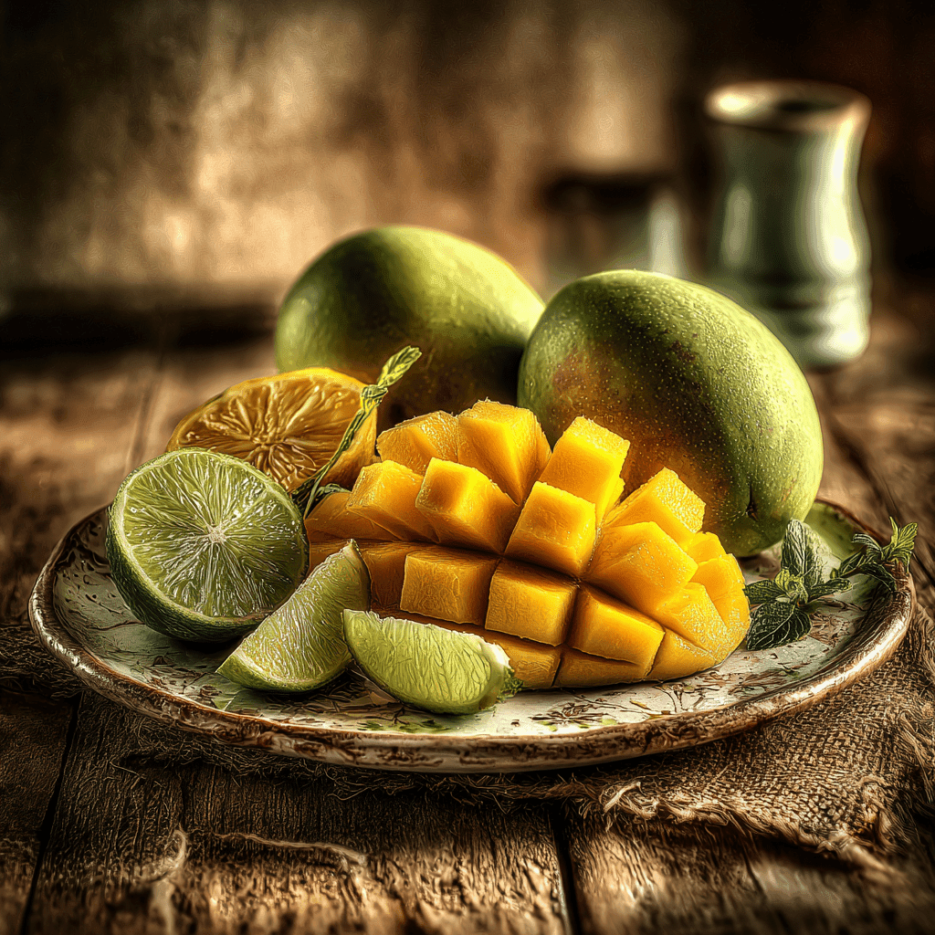 Mango Tango - Mango &Amp; Lime 2 Sliced Mango And Lime On A Rustic Plate Representing The Mango Tango Candle Scent