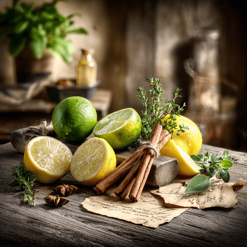 Italian Coast Candle Product Image With Sliced Limes, Lemons And Cinnamon Sticks On A Rustic Surface With Herbs.