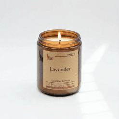 Lavender candle in amber glass jar