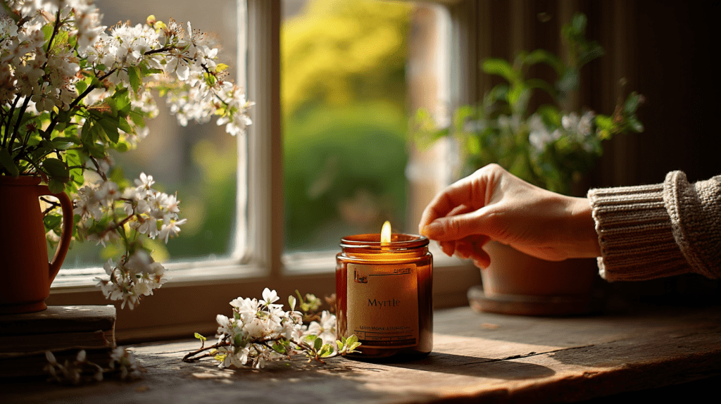 Woman Lighting Candle By Window.